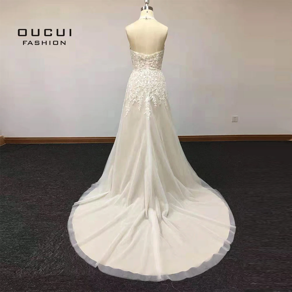 

Halter Lace Long Wedding Dress 2019 Plus Size A-line Vestido De Noiva Sleeveless Backless Wedding Dresses With Train OL103600
