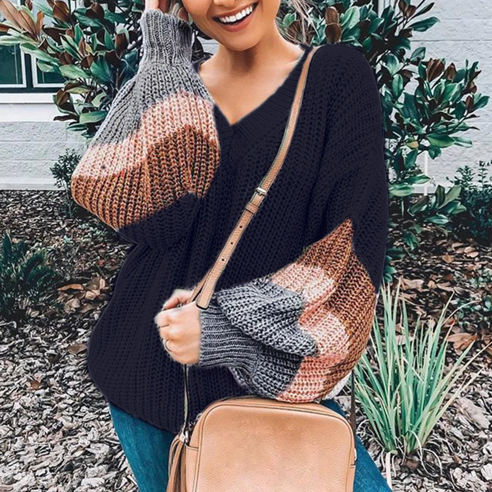 Womens Stripe Colorblock Sweaters Sueter Mujer Invierno 2019 Autumn Winter V-neck Lantern Sleeve Pullovers Loose Homme Ptchwork | Женская