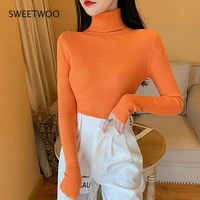 2021 autumn women long sleeve knitted foldover turtleneck ribbed pull sweater soft warm femme jumper pullover clothes