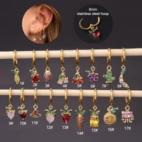 1pcs 8mm stainless steel hoop with fruit drop earring cute crystal zircon peach grapes cherry cartilage earring piercing jewelry