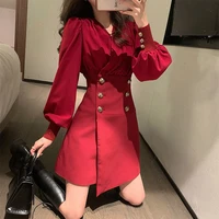 2022 new autumn fashion office lady women v neck sexy club shirt dress ol red lantern long sleeve mini vestidos evening dresses