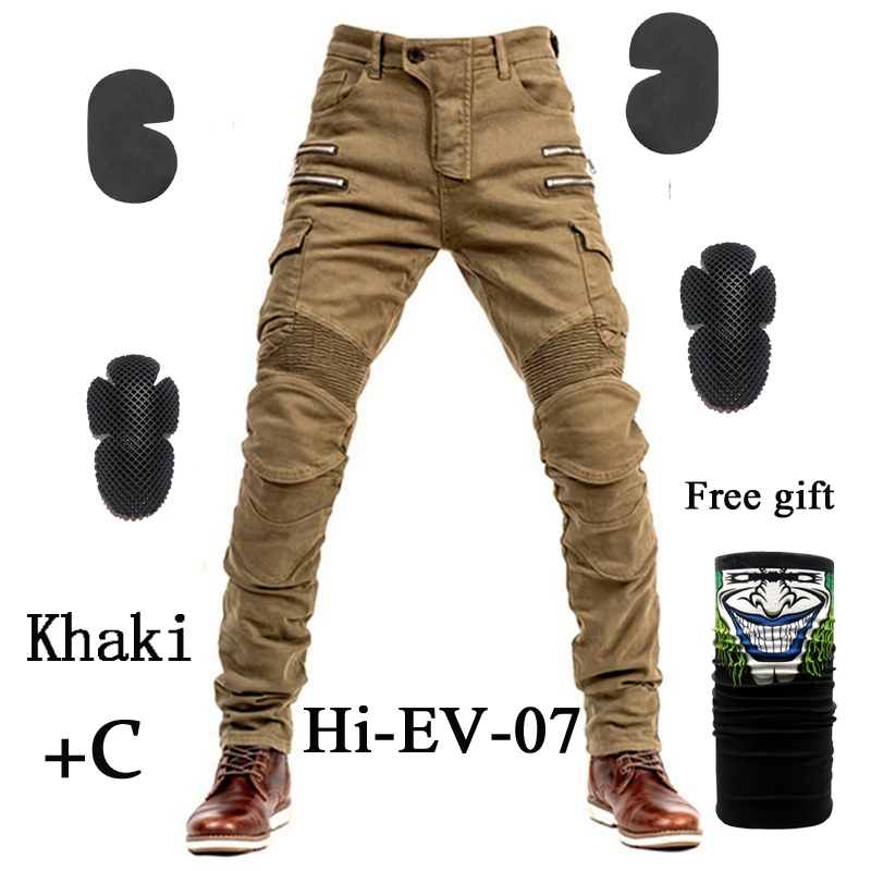 HI-07 Khaki jeans C Hi-EV07 мотоциклетные брюки мужские мото джинсы Защитное снаряжение для езды на мотоцикле брюки с карманами на молнии для мотокросса мото брюки - Цвет: HI-07 Khaki jeans C
