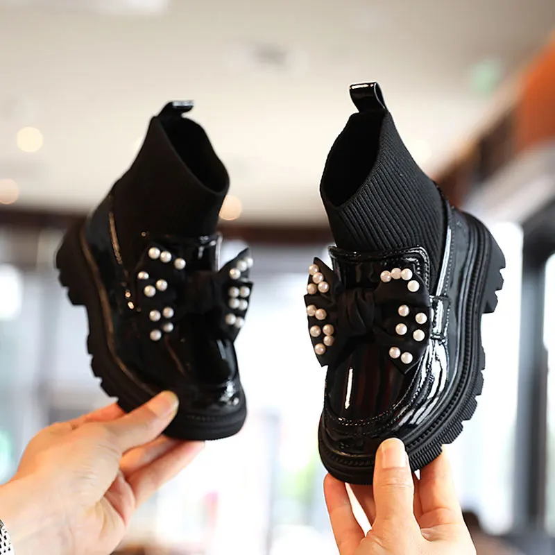 Fashion Kids Slip-on Shoes Girl Knit Ankle Patent Leather Boots Pearl Bowknot 2021 Child School Uniform Dress Thick Bottom Shoes