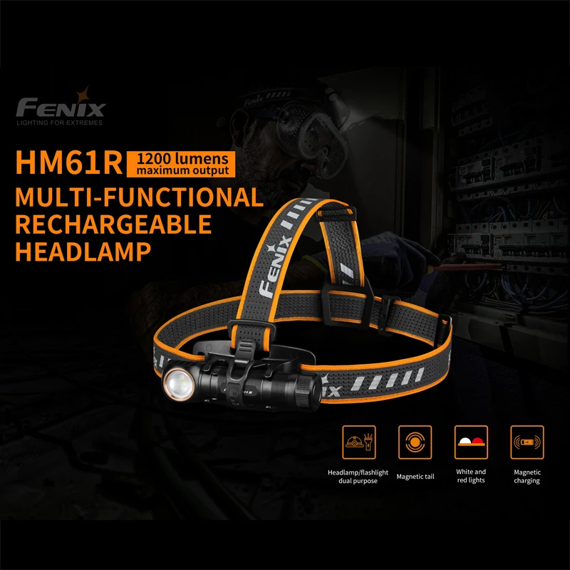 Налобный фонарь fenix HM61R Max 1200лм с зарядкой от USB 3500 мА/ч, фонарик с аккумулятором и нагрудная лампа