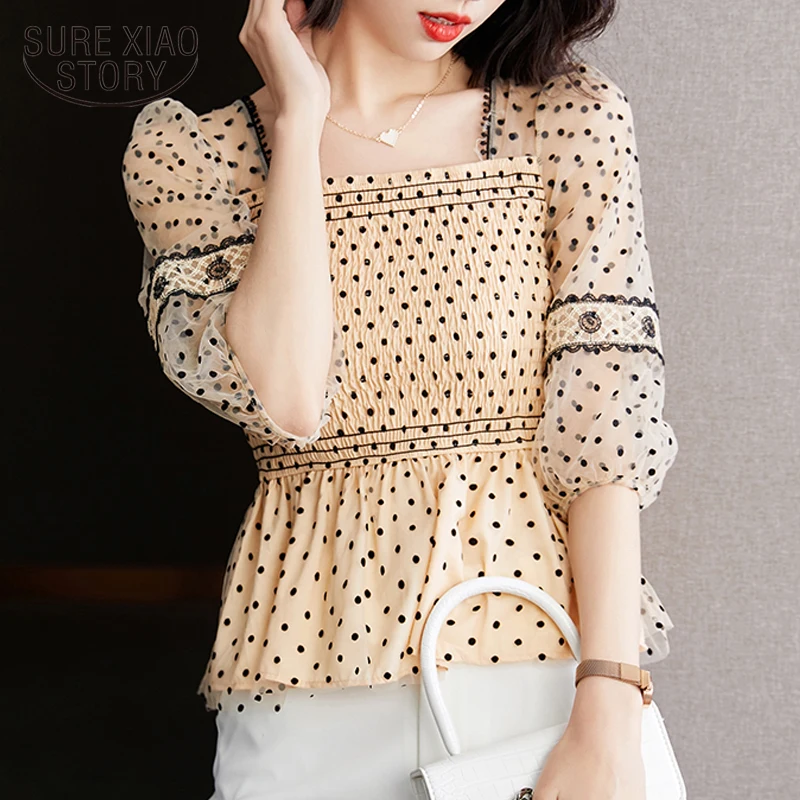 

Korean Fashion Blouse Sweet Polka Dot Chiffon Shirt Women 2023 Summer New French Shortsleeve Shirt Short Tops Blusa Mujer 14725