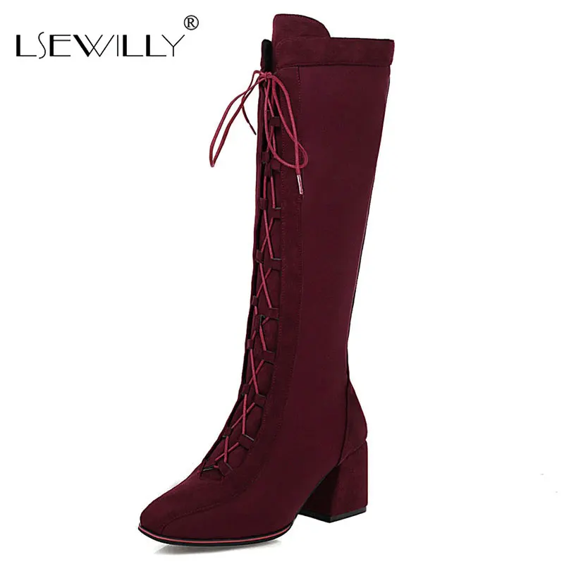 

Lsewilly Plus Size 31-50 Thick Hees Boots Round Toe Footwear Flock Knee High Female Boot Lace Up Shoes Woman 2020 Winter