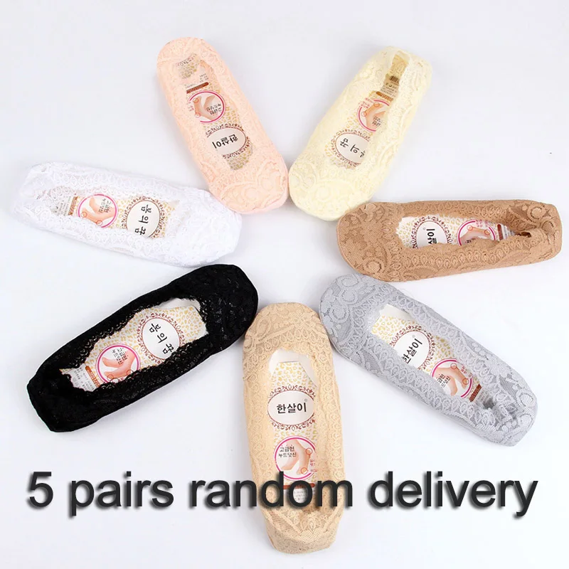 5pairs random Женские кружевные носки Harajuku Нескользящие Женские Бесшовный носок Модные носки-лодочки 5 пар/лот# F - Цвет: 5pairs random