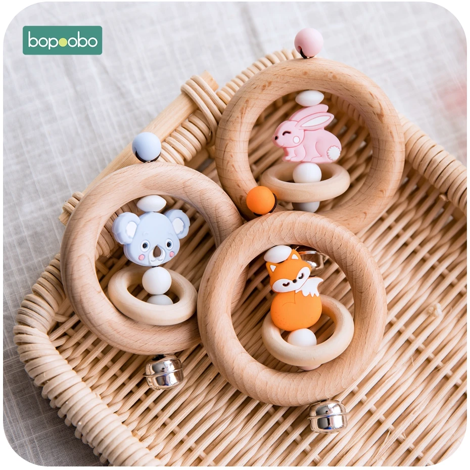 Bopoobo 1 шт. детские игрушки из бука медведь рука прорезывание зубов деревянное кольцо можно жевать бусины играть в тренажерный зал Монтессори игрушки, погремушки для младенцев