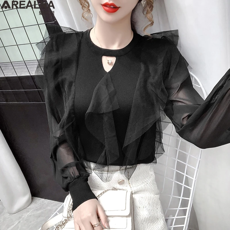 Женский свитер с рукавами-фонариками элегантный вязаный пуловер сетчатыми