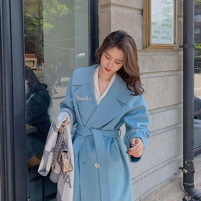 

Navy collar double-sided cashmere coat women's autumn and winter new Hepburn wool coat medium and long