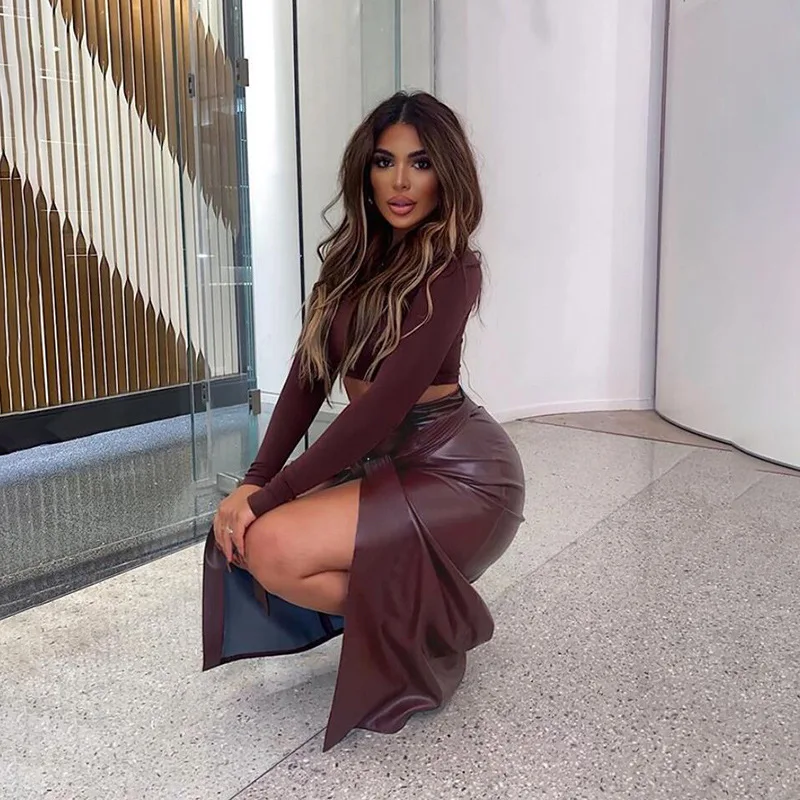 

Autumn Winter PU Leather Women's Skirts Black Split High Waist Hip Package Skirt Female 2021 New Slim A-line Sexy Ladies Bottoms