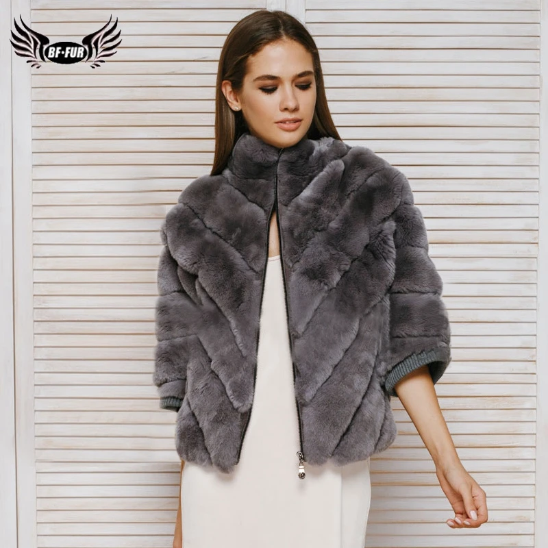 

2021 BFFUR Real Rex Rabbit Fur Coat Women's Real Fur Jacket Winter Lapel Collar Female Coats Striped Park With Natural Fur