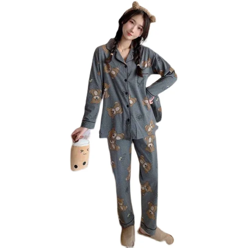

Couple Pajamas Set Bear Pyjamas Women's Cotton Cartoon Sleepwear Spring And Autumn Long-sleeved Cardigan Suit Men's Home Suit