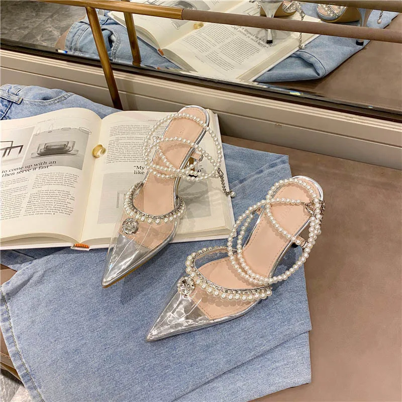 

2021 New Fairy Style Transparent Pearl Sandals Pointed Bow Rhinestone Stilettos