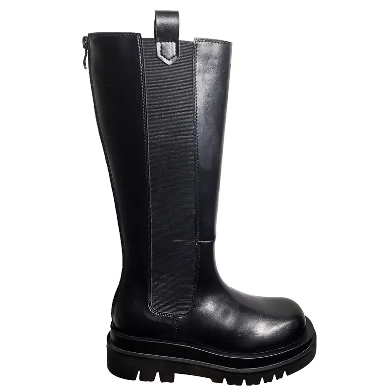 

2020 New In Stock Elastic Band Leather Women Boots Handsome Flat Platform Belt Riding Long Tube Boots Fall Winter Round Toe Heel