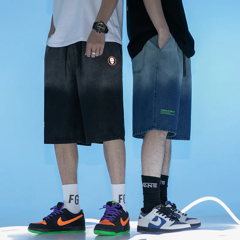 

LZICHENG men's 2022 summer new gradient denim shorts men's trendy brand printing loose five-point pants
