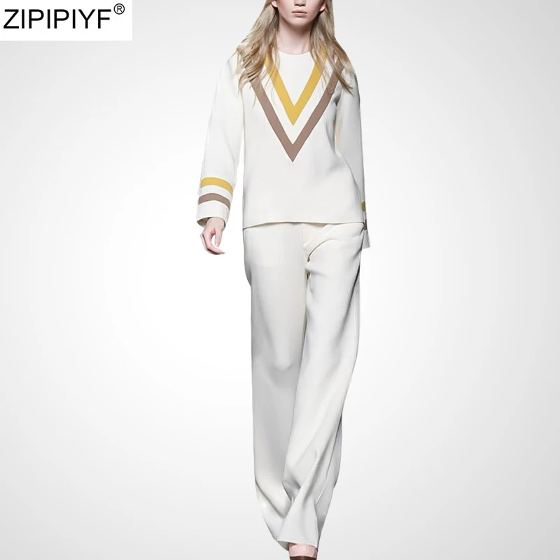 

Женский офисный костюм из двух предметов, офисный топ в полоску с круглым вырезом и длинными рукавами и брюки с широкими штанинами в полную ...