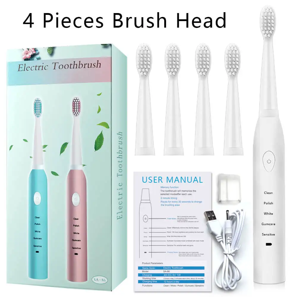 White with 4 heads Ультразвуковая электрическая зубная щетка перезаряжаемая Стоматологическая зубная щетка для чистки зубов домашний портативный очиститель пятен Зубная Щетка - Цвет: White with 4 heads