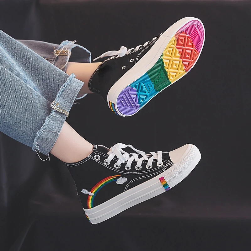 

Summer Fashion Vulcanized Shoes Woman Sneakers New Rainbow Retro Canvas Shoes Flat Fashion Comfortable High Shoes Couple Shoe
