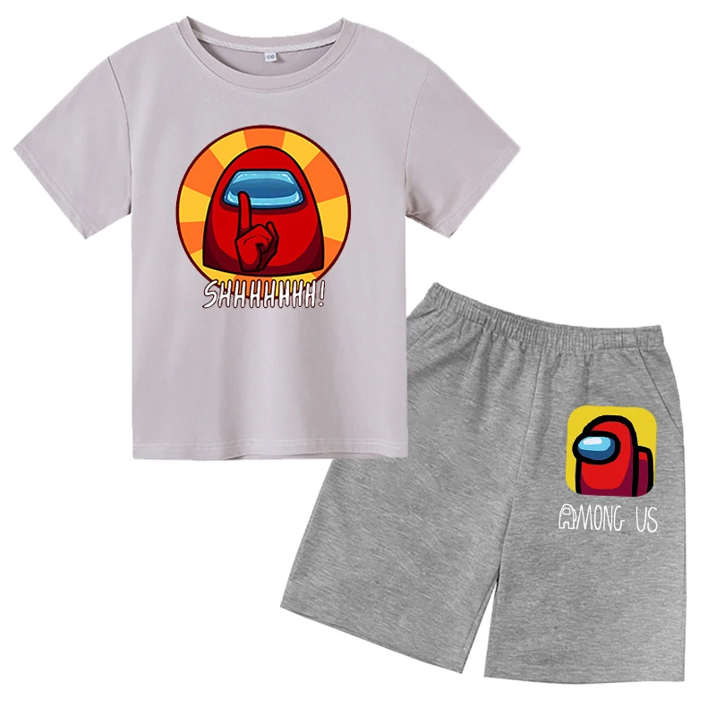 

Classic game Among children's sets short sleeve t-shirts and short gray pants for boys and girls cute kids pure cotton sets
