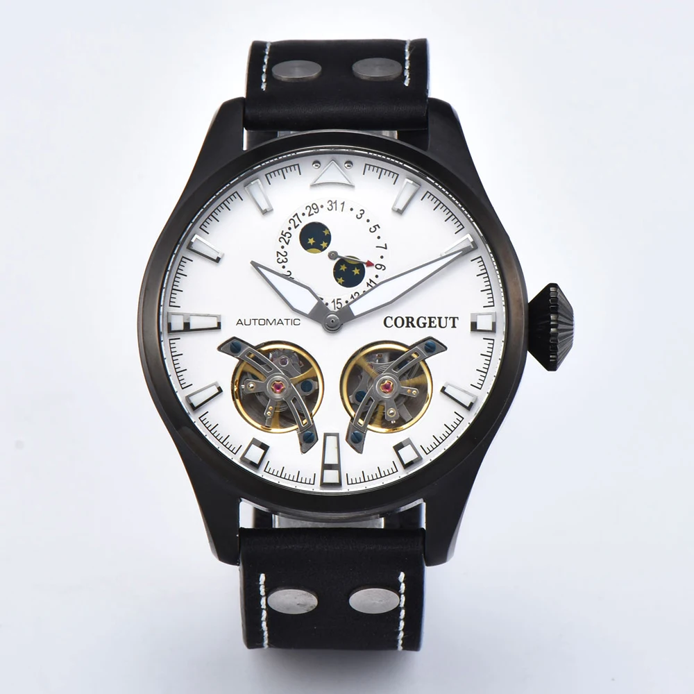 Corgeut 46 мм мужские полые Tourbillon белый циферблат Сапфировая кожа сталь черный корпус