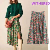 elmsk faldas mujer moda ins bogger england vintage skirts womens floral print pleated fork high waists kirt women long