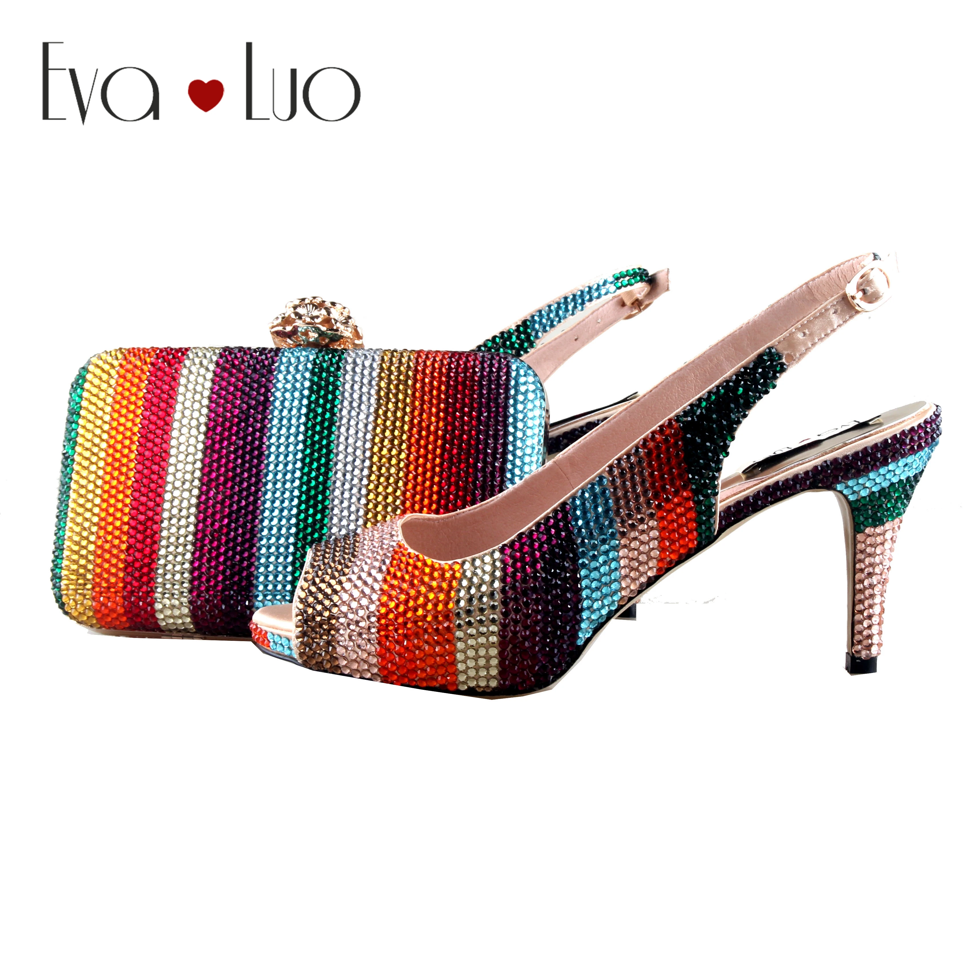 BS1107 Custom Handmade Multicolor Crystal Shoes and Bag Set SlingBacks High Heel Women Bridal Wedding | Обувь