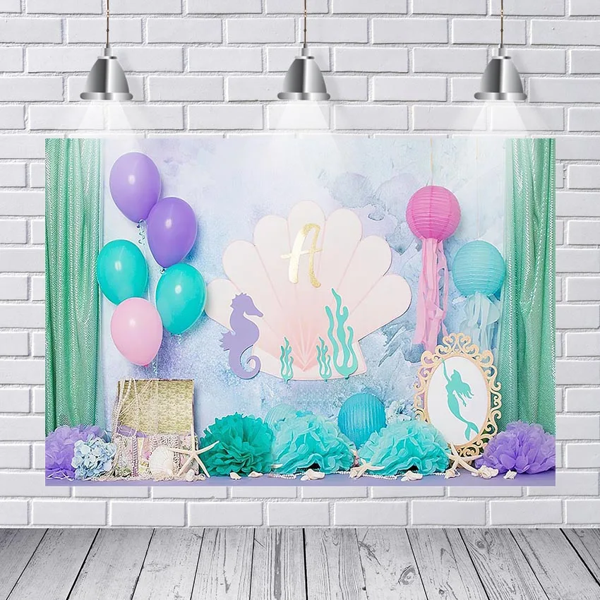 

Birthday Party Baby Shower Backdrops Ocean Shell Flowers Balloon Mermaid Photography Background Photo Studio Photozone