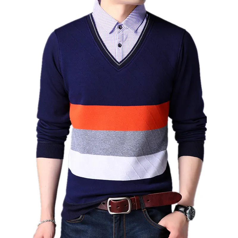Зимний свитер для мужчин с лацканами имитацией двух отдельных изделий длинным