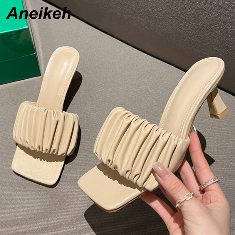 

Aneikeh Shoes For Women 2022NEW Summer Zapatos De Mujer Fashion Pleated Peep Toe Slippers PU Spike Heels Concise Shallow Solid