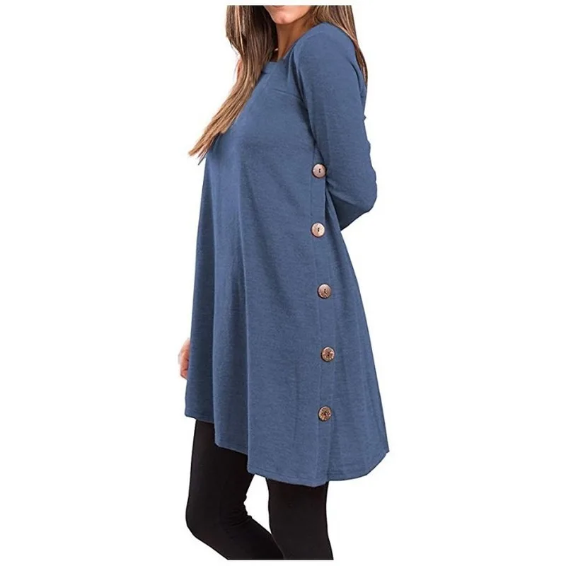 

O-Neck Long Sleeve Irregular Button Dresses White Beige Yellow Red Burgundy Green Solid Color Shirt Dress