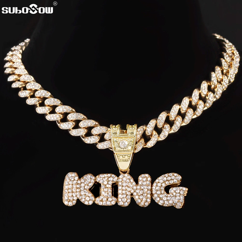 

Hip Hop Men Women KING QUEEN Letter Pendant Necklace Fashion 13mm Iced Out Bling Miami Cuban Link Chain Choker Necklaces Jewelry
