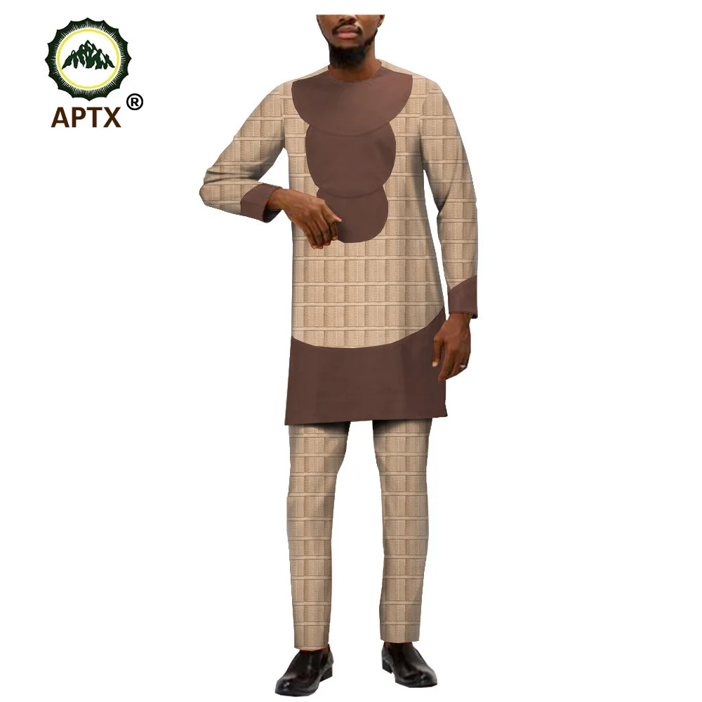 Africa print cotton suit for men bazin rich full sleeves side slit top+ slim pants men's casual T1916009 | Мужская одежда