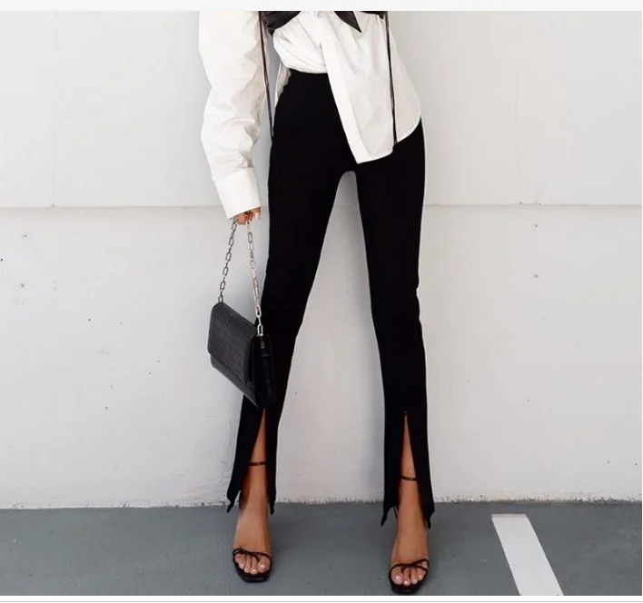 Women Solid Color Foot Zipper Split Fork Slim Trousers