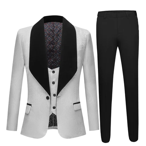 Мужские свадебные костюмы, Белый Жаккардовый костюм с черным воротником, мужской Комплект из трех предметов (пиджак + жилет + брюки)