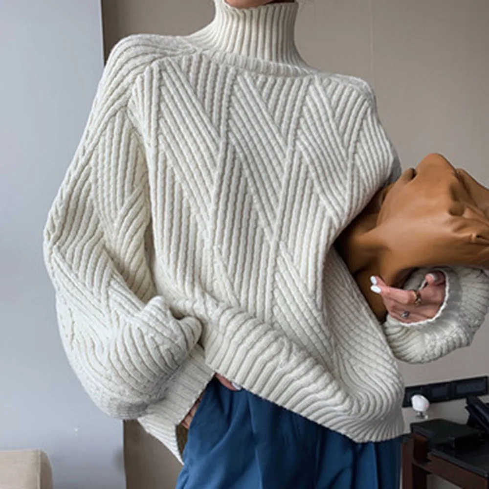 

Осень-зима 2021, повседневный кашемировый свитер с высоким воротником, женский свободный плотный свитер в форме алмаза, однотонный Универсал...