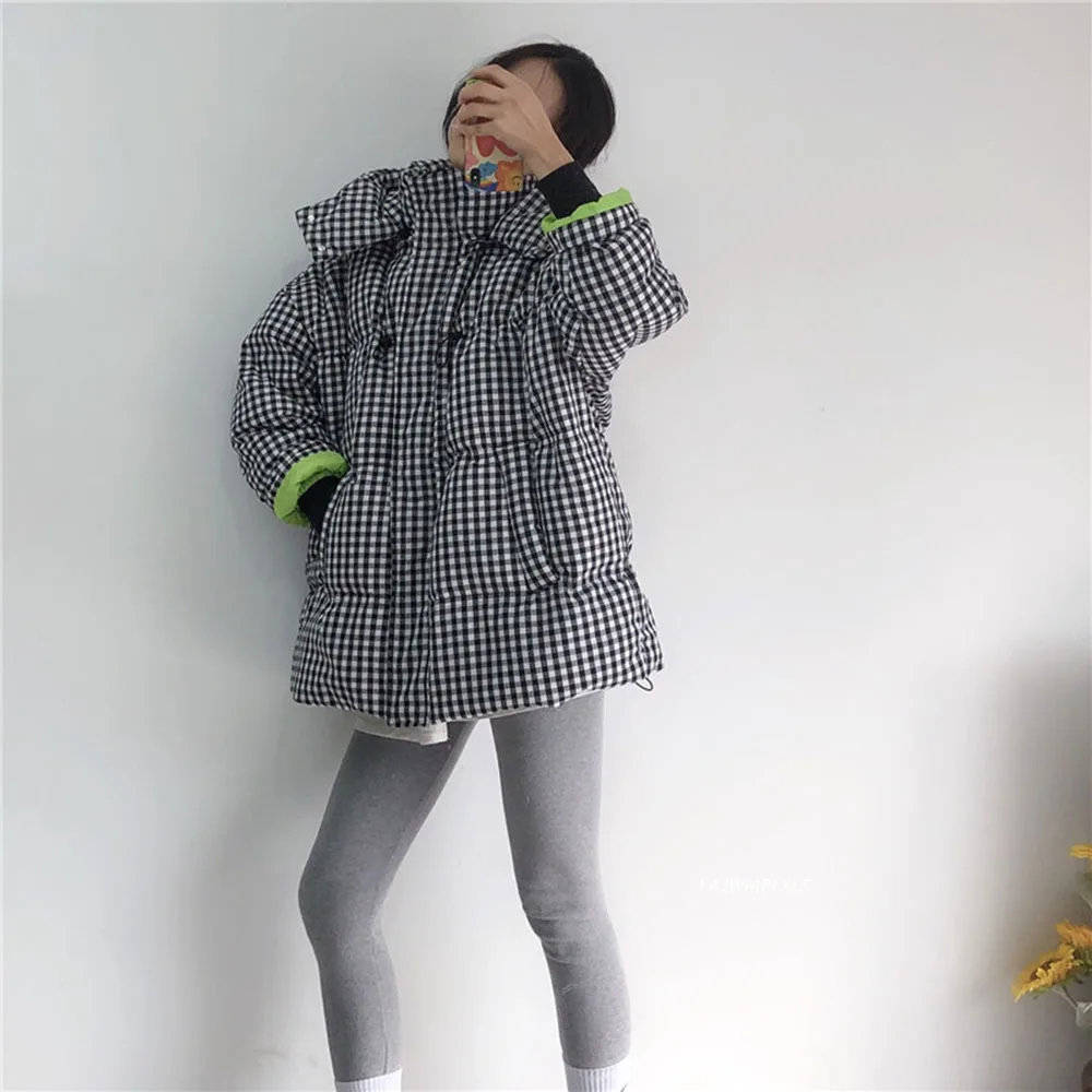 Зима 90% утиный пух пальто шик 2022 ретро классический черный белый плед свободный с