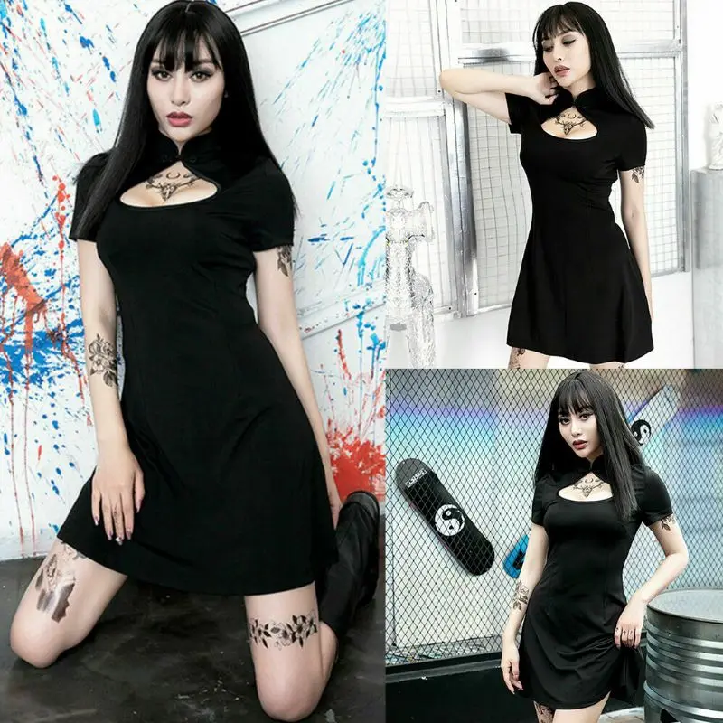 

Women Gothic Punk Chinese Cheongsam Harajuku Bodycon Dress Vintage Split Dress