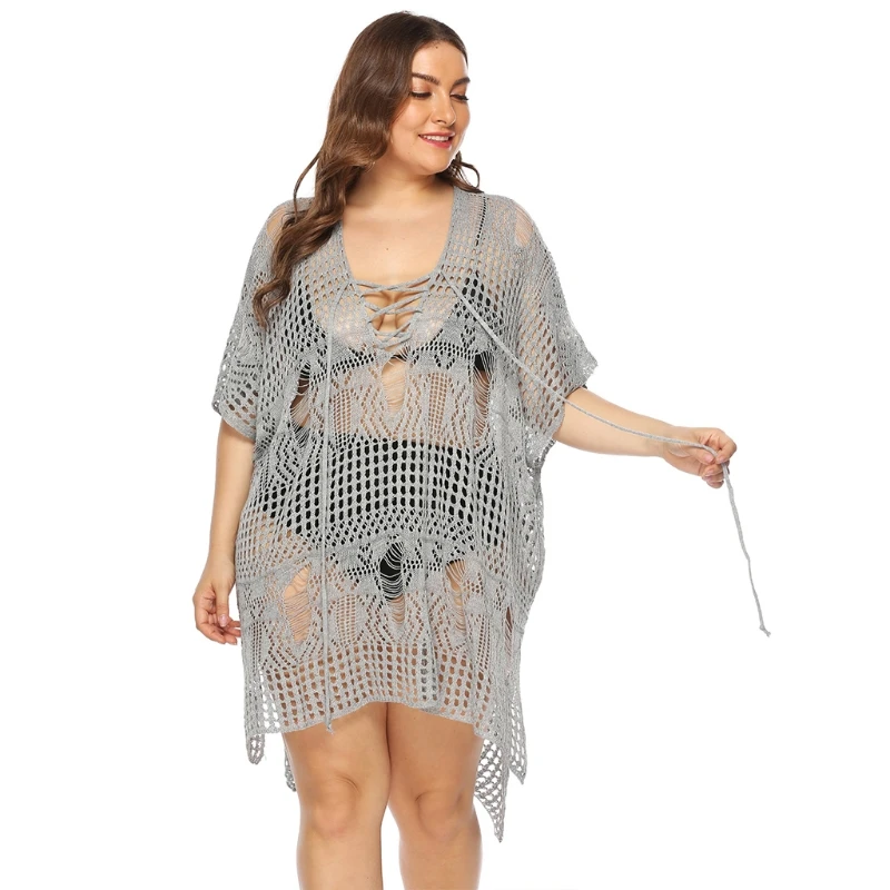 

Women Plus Size Bathing Suit Swimsuit Cover Ups Hollow Out Crochet See-Through Beach Dress Sexy V-Neck Lace-Up Asymmetric M7DD