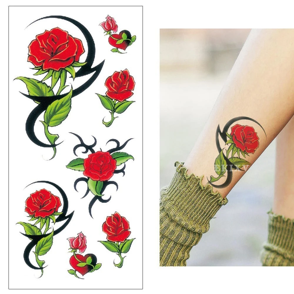 Watercolor temporary tattoo stickers Red blue rose lotus lily Waterproof sticker Flower butterfly Woman body Sexy | Красота и