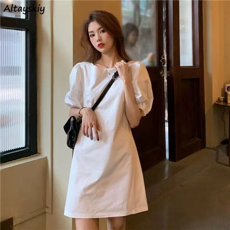 

Dresses Women Summer Solid Ins Puff Sleeve Mini Causal Holiday Ulzzang High Street All-match Popular Femme Simple Mujer Vestidos