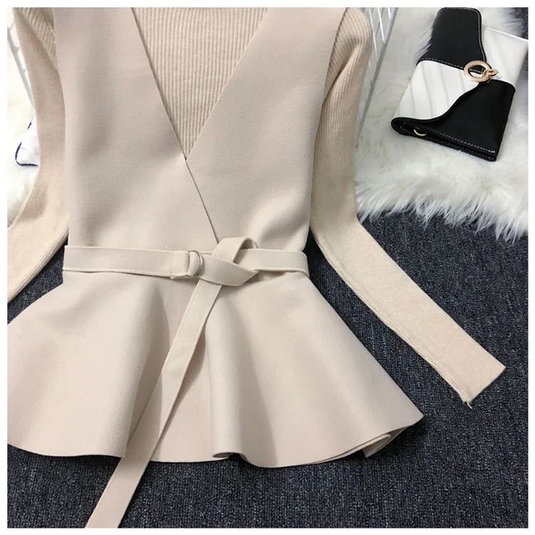 ALPHALMODA осень НОВАЯ Трикотажная нижняя рубашка+ жилет модный костюм из двух частей женский жилет с v-образным вырезом и поясом+ свитер с длинными рукавами