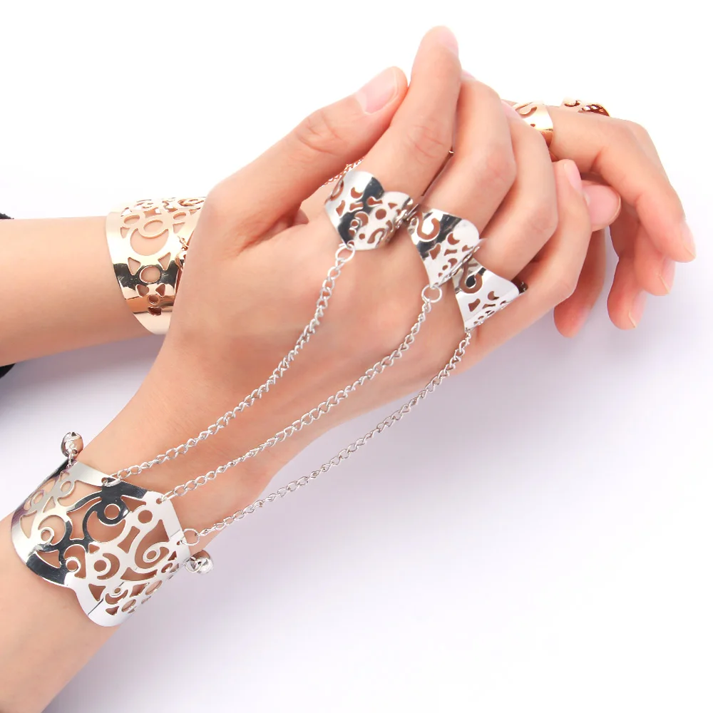 Модный панк золотой полый браслет с цепочкой на руку ювелирное изделие запястье