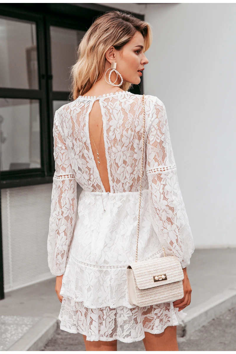 Simplee Elegant lace transparent dress Puff sleeve floral long sleeve white dress High waist ruffle office lady autumn vestidos