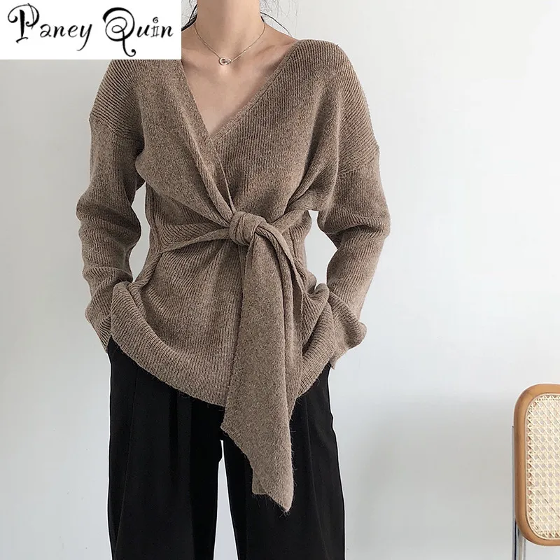 

autumn winter women sweater waist lace up solid irregular sueter mujer v neck casual knitted sweater long sleeve