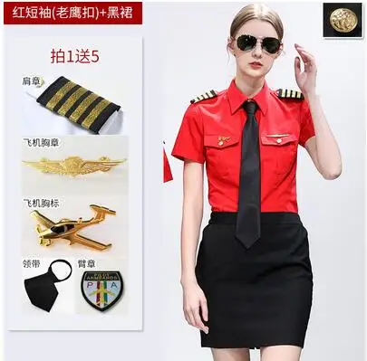 Woman Red Suits Авиакомпания капитан стюардесса стандартные костюмы Студенческая форма отель KTV бар Рабочая одежда официанта Косплей короткий рукав Летняя одежда - Цвет: Woman Red Suits