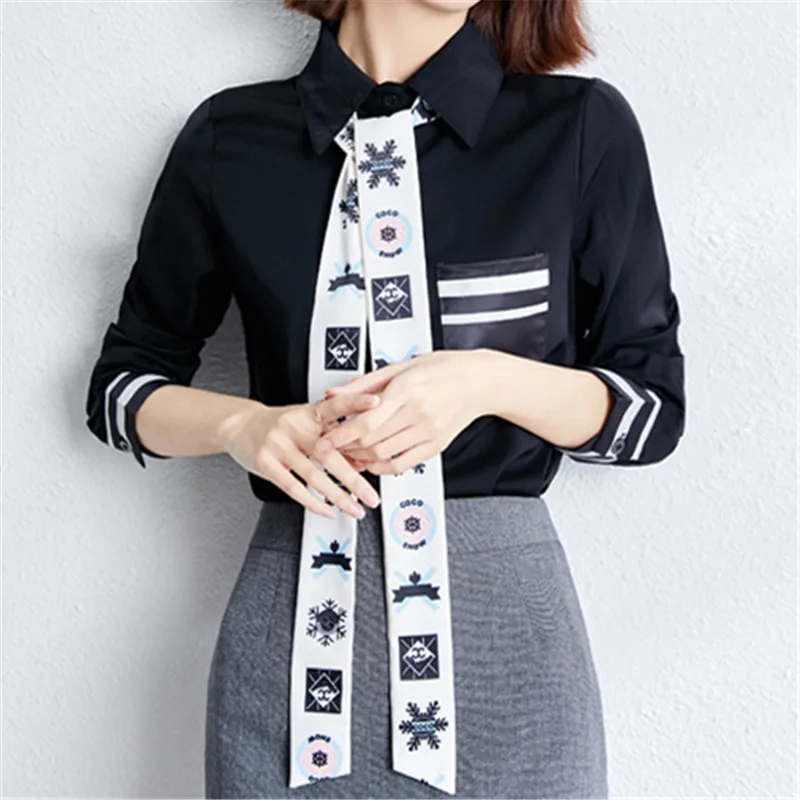 

Chikichi 2021 Spring New Ladies Black Striped Shirt Casual Temperament Ribbon Long-sleeved Shirt Sweet and Comfortable