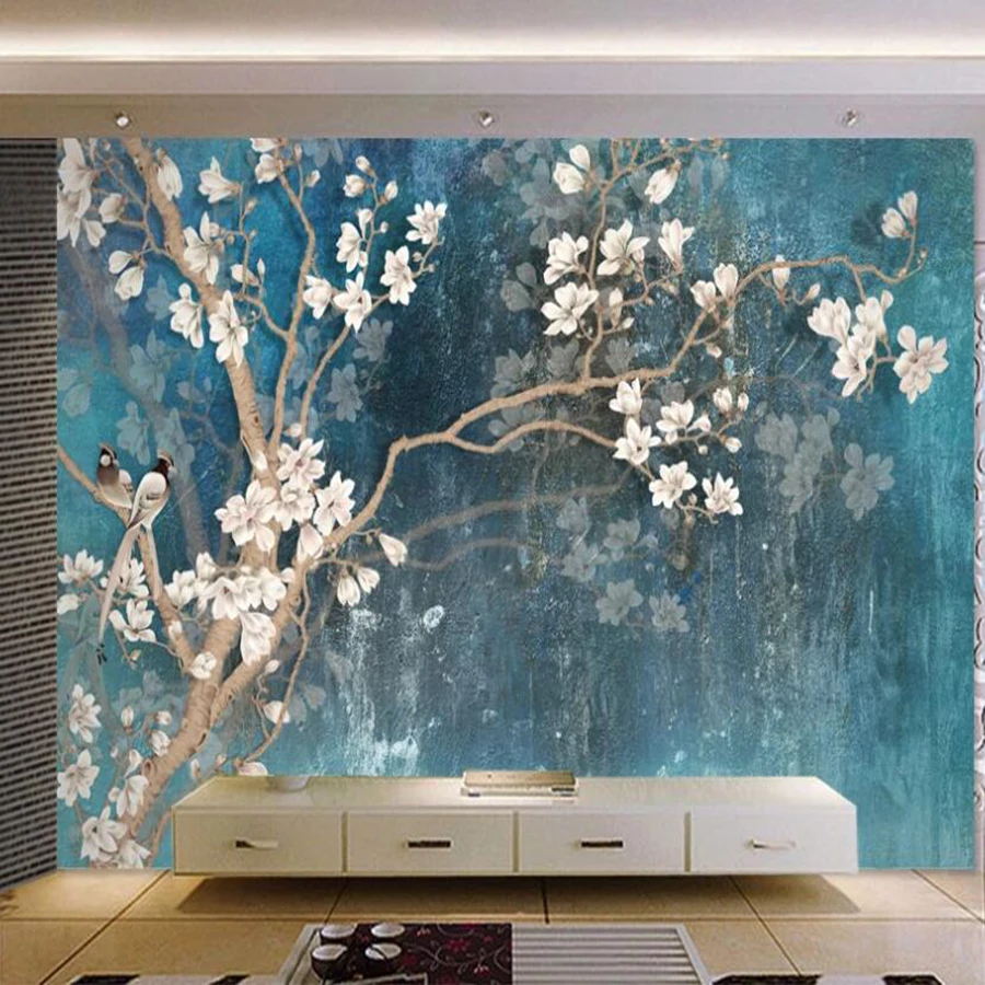 

Bacal Custom 3D Wallpaper Mural Retro Hand Painted Magnolia Flower Nordic Vintage Blue Elegant Oil Painting Decor 5d wallpapers
