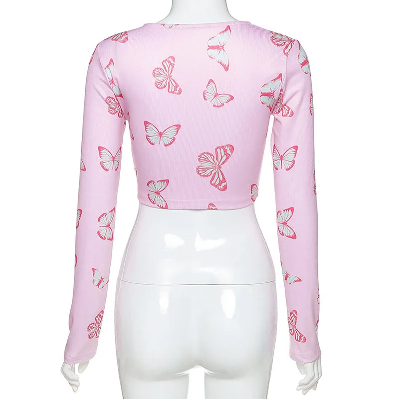 

2020 Summer Fashion Butterfly print Bow tie with slim V-neck long sleeve T-shirt women
