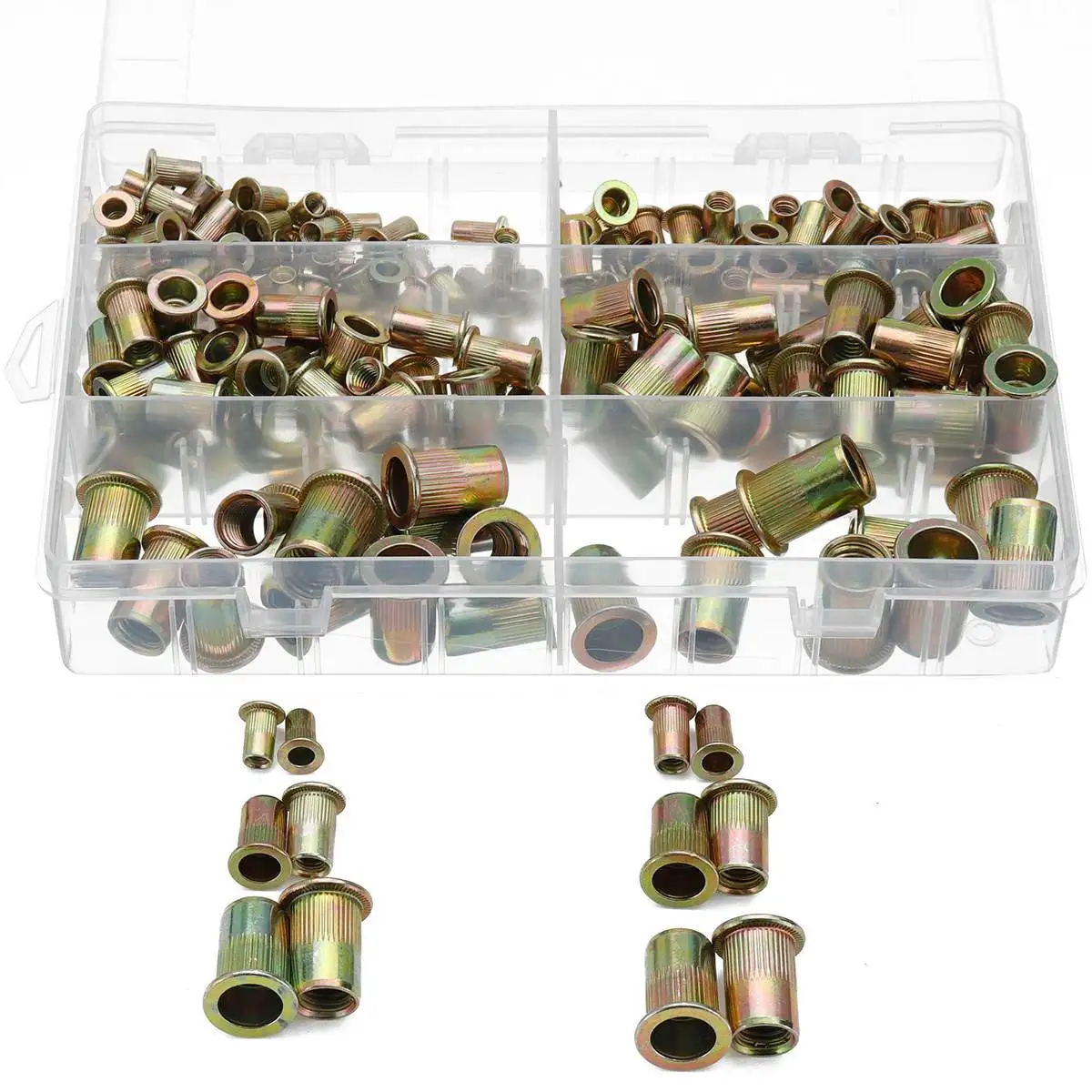 

MTGATHER 210Pcs M4 M5 M6 M8 M10 M12 Mixed Carbon Steel Zinc Plated Knurled Rivet Nuts Flat Head Threaded